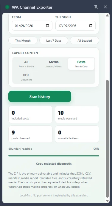 Extension scan and extraction progress indicator